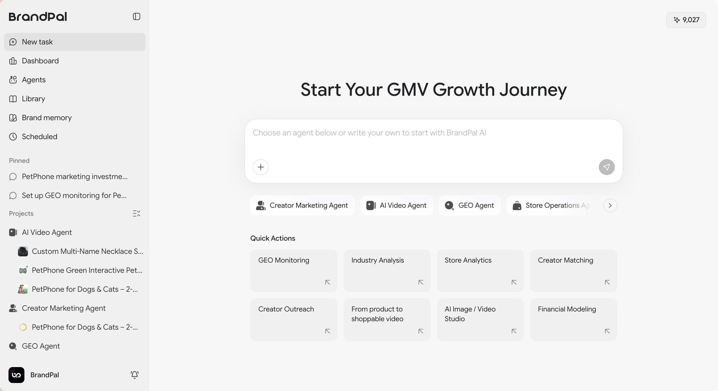BrandPal home: start your GMV growth journey, with agent selection and quick actions