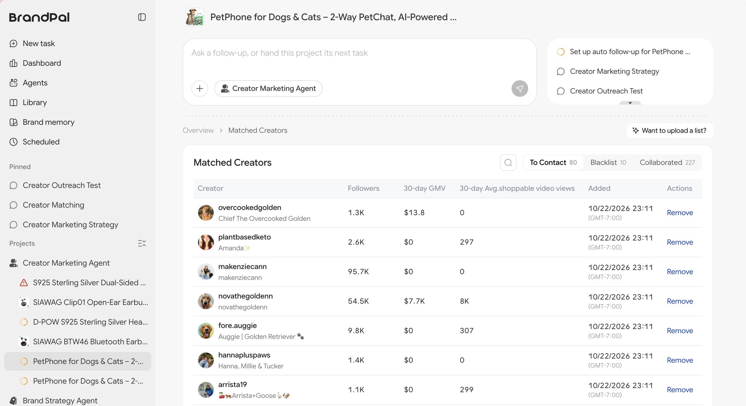 Creator Marketing Agent outreach analysis dashboard